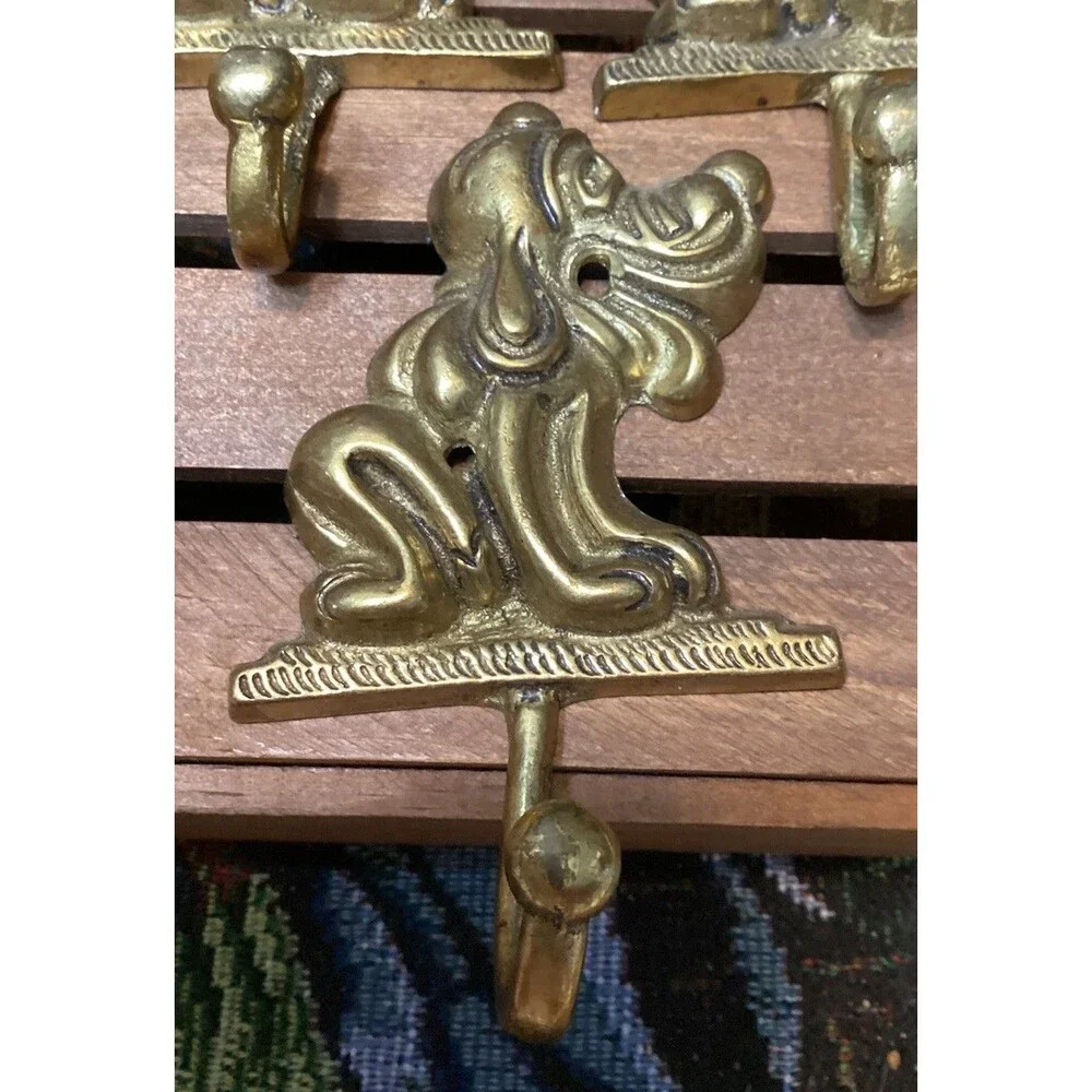Vintage Brass Metal Pluto Wall Door Coat Hooks Dog Hound Shape Hangers Set of 6